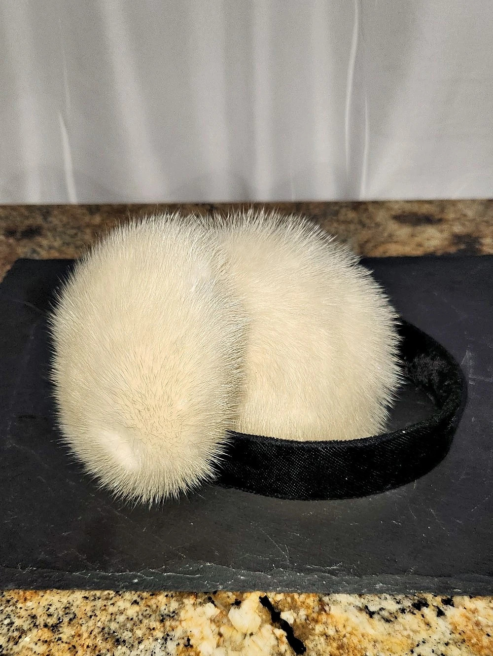 Cream Mink Ear Muffs on Black Velvet Headband - Like New